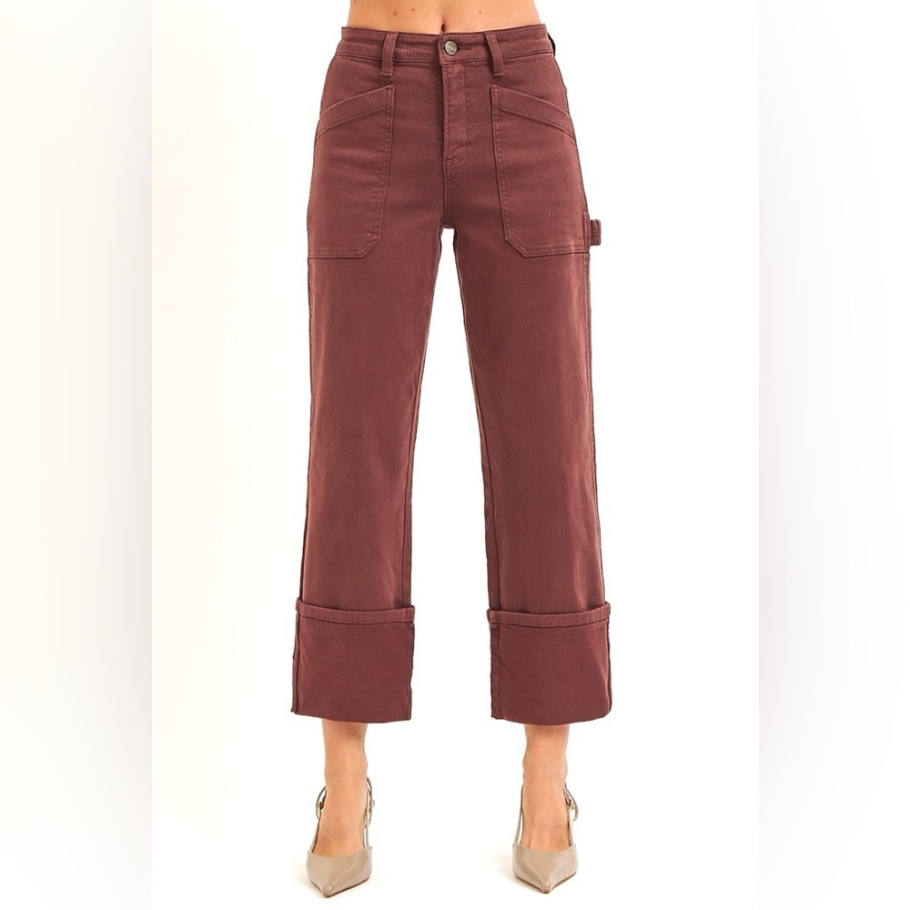 RISEN Full Size High Rise Wide Straight Cuffed Patch Jeans​